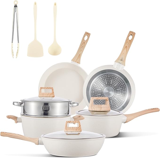 12-Piece Beige Granite Cookware Set, Nonstick Ceramic Pots and Pans Set with Frying Pans & Saucepans, Non-Toxic PFOS/PFOA Free, Induction Compatible with Wood Grain Soft-Touch Handles