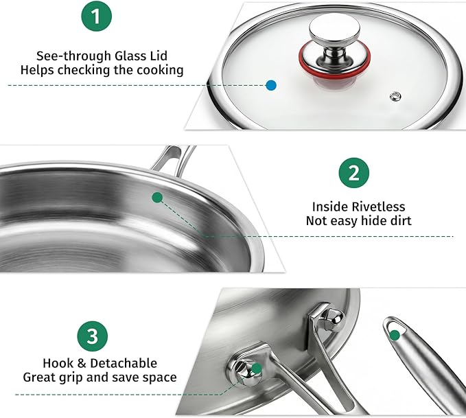12 Inch Stainless Steel Pan, 5pcs Tri-Ply Stainless Steel Frying Pan with Lid, Dishwasher & Oven Safe, Induction Cooking Skillets, Fast & Even Heat and Detachable Handle