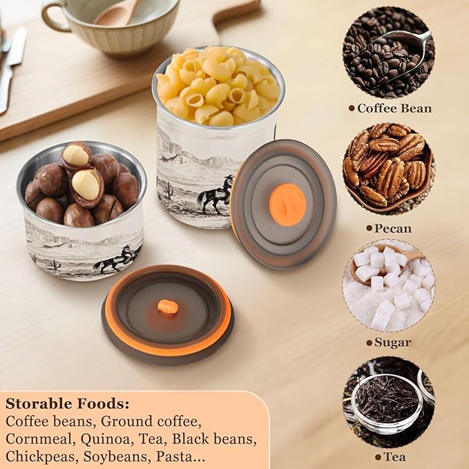 Coffee Canister Western Cowboy Theme Airtight Stainless Steel Coffee Container, 30 OZ Food Storage Container for Coffee Beans, Ground, Sugar, Tea, Flour, Rice