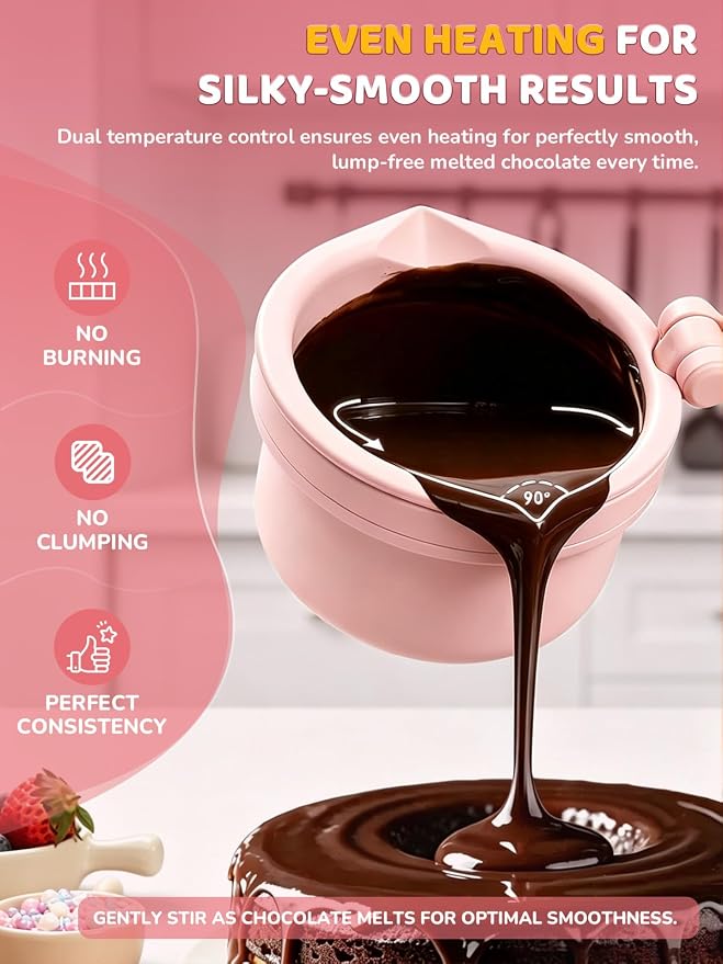 Electric Chocolate Melting Pot with 2 Insert Pots, 4-Cup Chocolate | Even Heating & Fast Melting, BPA-Free Silicone, Easy Clean, Less Waste, Ideal for Chocolate & Candy Melts, Parties & Fondue