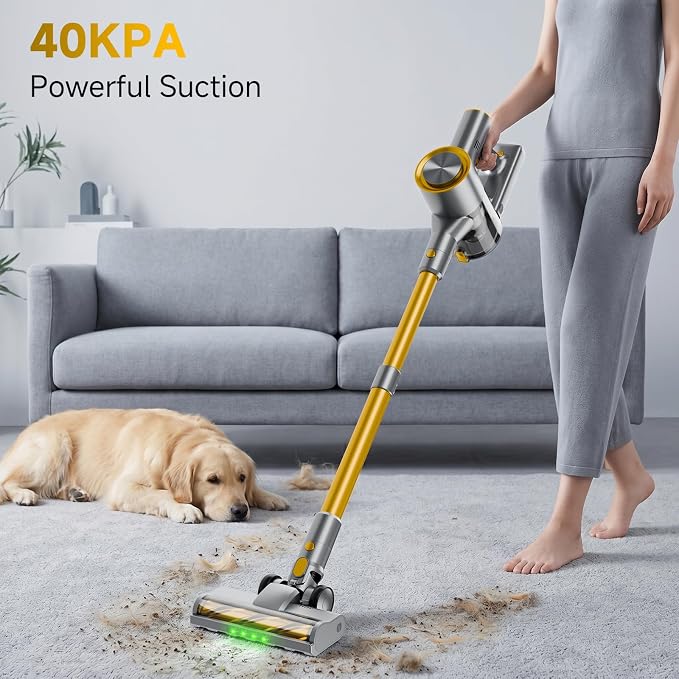Cordless Stick Vacuum Cleaner - 40KPA Powerful Suction Vacuum with 45 Min Runtime, Detachable Battery, Anti-Tangle & 1.5L Dust Cup, 8 in 1 Vacuum Cleaner for Pet Hair, Carpet, HardFloor, Yellow