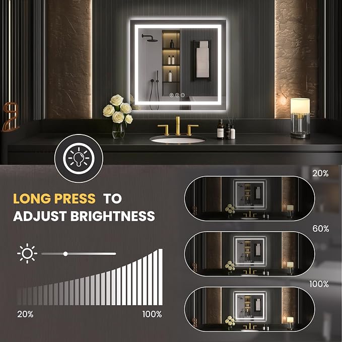 LOAAO 30"X30" LED Bathroom Mirror with Lights, Anti-Fog, Dimmable, Backlit + Front Lit, Lighted Bathroom Vanity Mirror for Wall, Memory Function, Tempered Glass, Safe to Use, ETL Listed