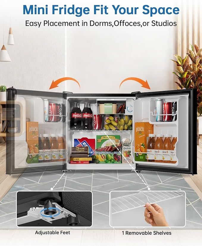 1.6 Cu Ft Mini Fridge with Freezer - 32dB Ultra Quiet Upright Freezer for Bedroom, Office & Dorm | Small Fridge, Adjustable Thermostat, Reversible Door, ETL Certified
