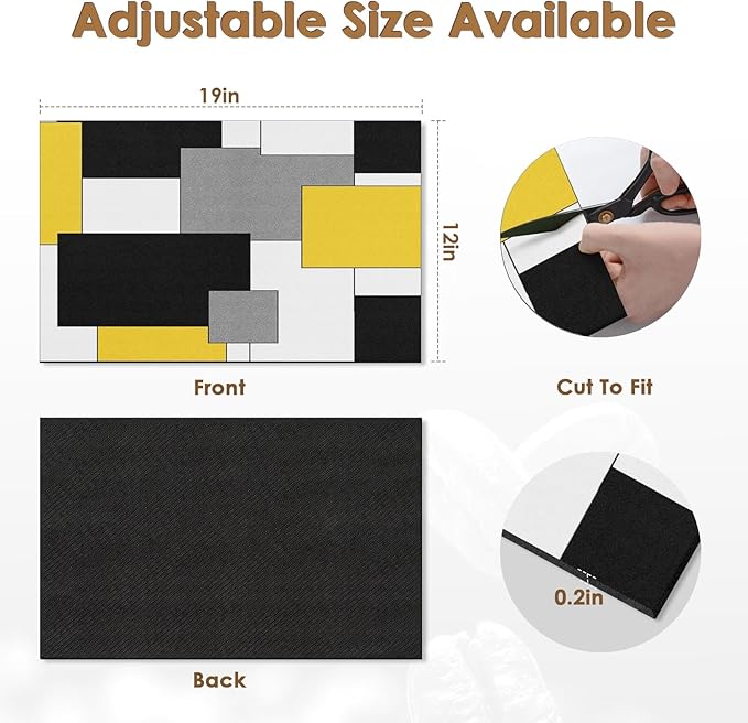 Arttown Coffee Mat for Countertops, Yellow Black White Grey Modern Dish Drying Mat 2 Pcs for Kitchen Bar Accessories, Fit Under Coffee Maker Espresso Machine Dish Rack Hide Stain Rubber 12x19in