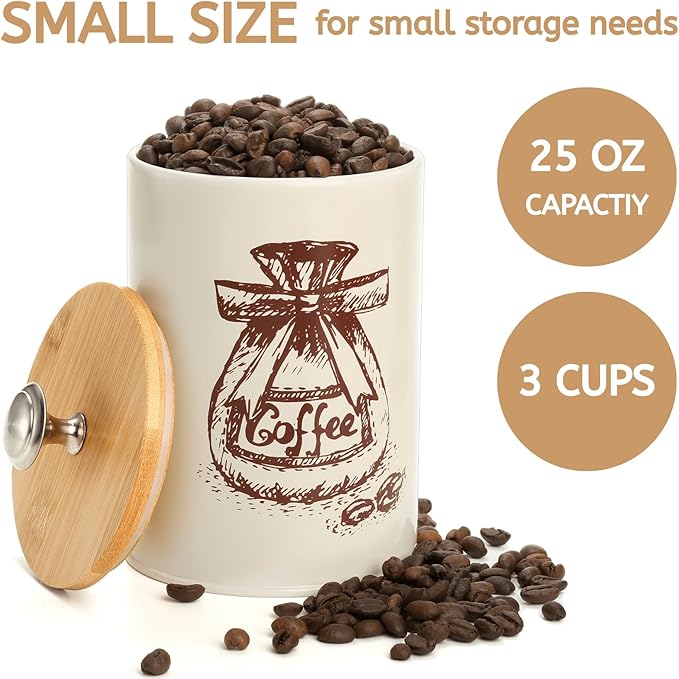Youeon Small Canister Sets for Kitchen Counter, 25 Oz Coffee Sugar Tea Canister Set, Metal Vintage Kitchen Container 3 Pack, Food Storage Containers with Bamboo Lid, Farmhouse Decor, Beige