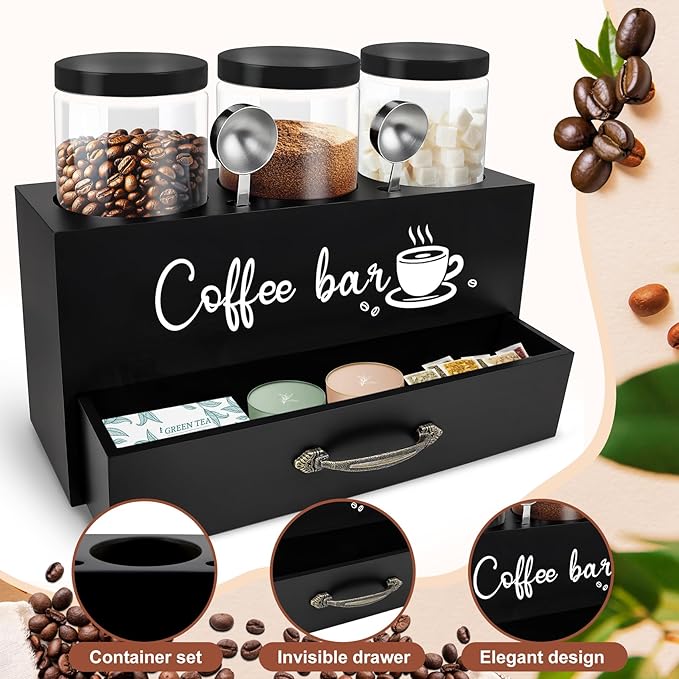 MACIFECI 54 oz Coffee Canister Set with Shelf, Coffee and Sugar Container Set of 3 Canisters Sets for Kitchen Counter, Plastic Coffee Bean Storage Container with Scoop (Black - Drawer)