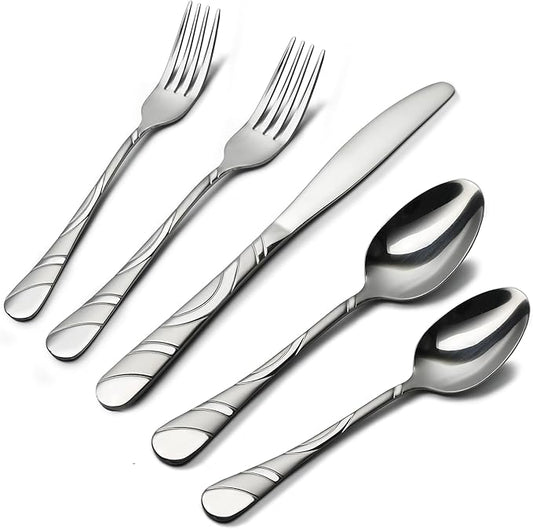 60-Piece Silverware Set for 12, 18/0 Frosted & Mirror Finish Stainless Steel Vintage Flatware Set, Modern Cutlery Set for Home Wedding Restaurant Housewarming Party Event Serving For 12