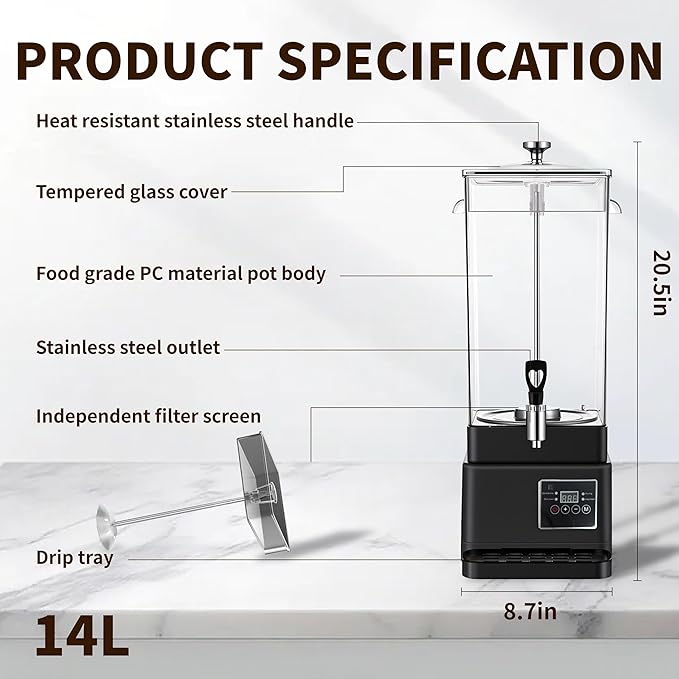 Commercial Coffee Urn Hot Beverage Dispenser Coffee Maker, Food-grade Plastic 14 L 90 Cups, Hot Chocolate Machine, Electric Percolator for Catering Hot Water for Hot Cocoa, Drink, Tea, Juice