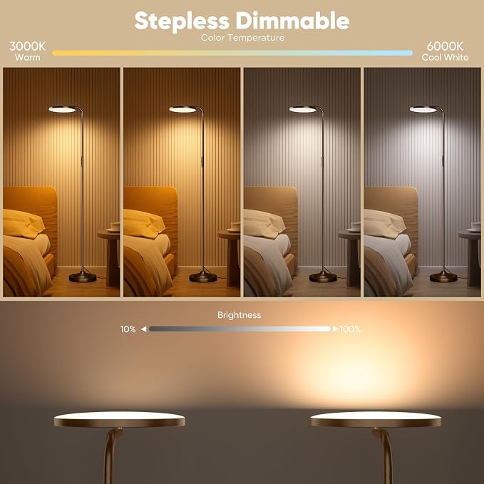 SIBRILLE 36W LED Floor Lamp, Super Bright Standing Lamp, Modern Stepless Dimmable Torchiere Tall Lamp with Remote Control, 350°Rotating Head Reading Floor Lamp for Living Room, Bedroom, Office