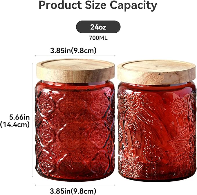 Glass Jar with Lid, Vintage Glass Storage Jars with Airtight Lid Coffee Canister Sugar Container for Kitchen Counter Pantry, Flour, Candy, Tea, Coffee Beans, Oats (Begonia Sunflower Red)