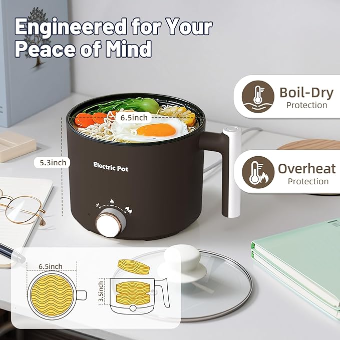 Electric Hot Pot :1.5L Mini Ramen Cooker with Overheat & Boil-Dry Protection, Suitable for Noodles, Soup, Oatmeal, College Dorm Office Travel Essentials (Brown, 1.5L)