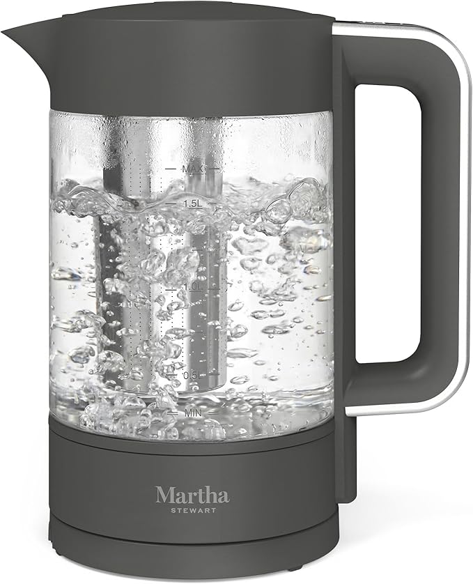 Martha Stewart Electric Kettle with Removable Stainless Steel Tea Infuser, Glass Carafe 1.7L (7 Cups), Hot Water Boiler, 4 Presets, Keep Warm & Auto Shut-Off, Cordless 360° Swivel Base, Caviar Gray