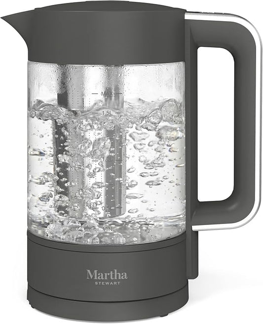 Martha Stewart Electric Kettle with Removable Stainless Steel Tea Infuser, Glass Carafe 1.7L (7 Cups), Hot Water Boiler, 4 Presets, Keep Warm & Auto Shut-Off, Cordless 360° Swivel Base, Caviar Gray