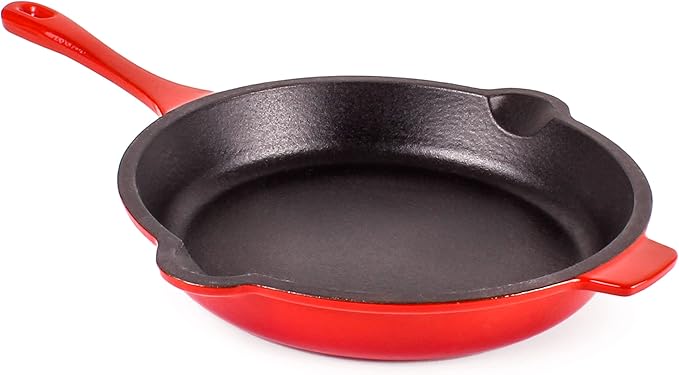BergHOFF Neo 4Pc Enameled Cast Iron Cookware Set, Grill Pan 11 inches, Fry Pan 10 inches, 3qt. Dutch Oven, Matching Lid, Fast, Evenly Heat, Oven Safe (Red)