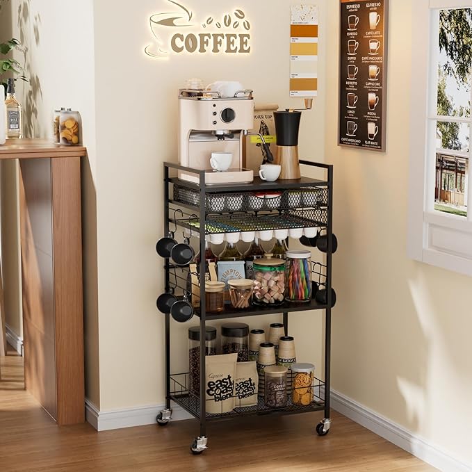 Homsorout Coffee Bar Station with Storage Drawer - 5 Tier Coffee Table Countertop Organizer for K Cups, Tea Bags, Sugar Storage and Kitchen Cabinets (Black)