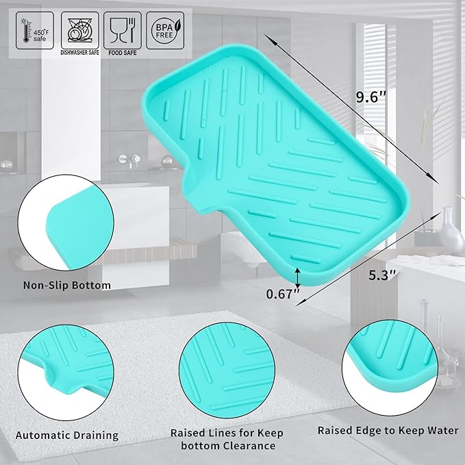MicoYang Silicone Soap Dish with Drain Spout — Self-Draining Sink Organizer Tray for Bathroom & Kitchen, Sponges, Dispensers & Soap Holder, Non-Slip & Dishwasher Safe, Mint (Medium, 9.6"×5.3")