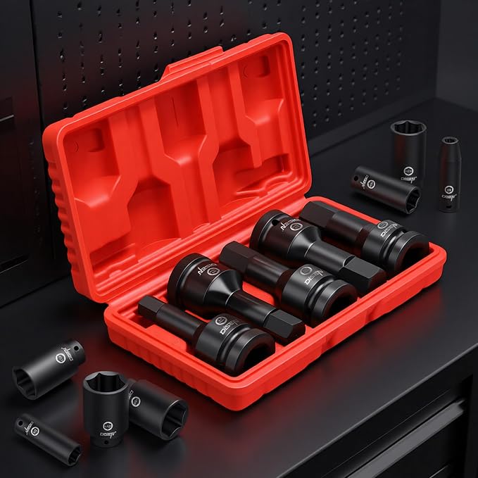 DISEN 3/4 Inch Drive Impact Hex Driver Set, 5-Piece, Metric, 14mm, 17mm, 19mm, 22mm, 24mm, CR-MO Steel, Professional Mechanic Repair 3/4” Hex Socket Set