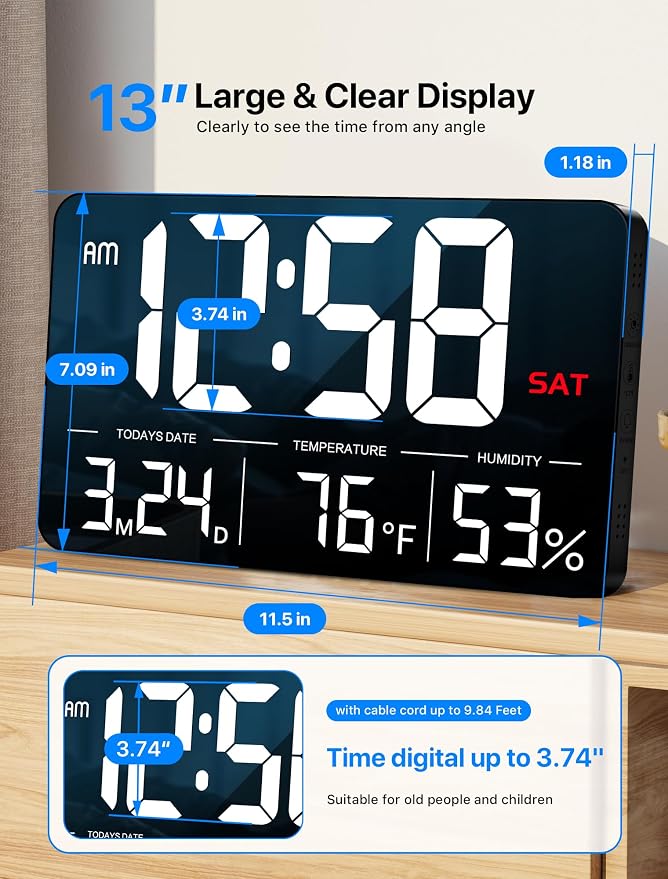 MASHI Digital Clock,13" Large Display Digital Wall Clock, Adjustable Brightness Calendar Clock with Day and Date,DST,Alarms,Humidity, Temperature for Desk, Wall Mounted, for Elderly