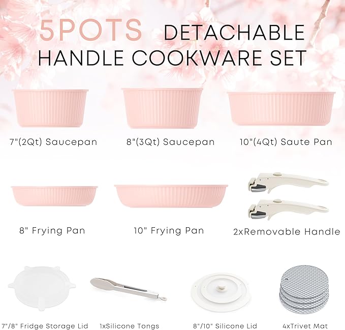 Caannasweis Detachable Nonstick Cookware Set - Stackable Induction Pots and Pans With Removable Handles, Dishwasher Safe - For RV Camping, Oven and Stovetop Use, 5 Pieces (Petal)