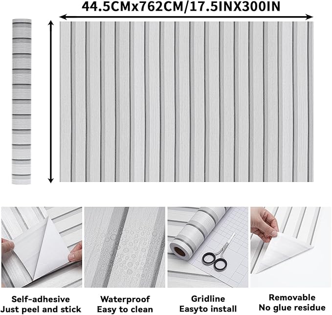 Wood Slat Peel and Stick Wallpaper - 17.5'' x 300'' Self-Adhesive Contact Paper for Walls, Wall Panel, Easy DIY Wall Decor (White)