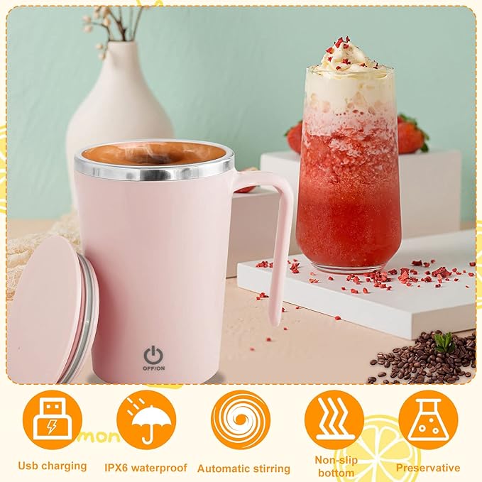 Electric Self Stirring Mug 1200mAh Rechargeable Automatic Mixing Mug Stainless Steel Magnetic Stirring Cup Reusable Self Mixing Coffee Cup Portable Auto Stirring Mug for Home Office Coffee Milk(Pink)
