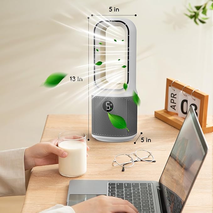 Misby Desk Fans Small Quiet, 13 Inch Bladeless Table Fan, 5 Speeds for Powerful Airflow, 70° Oscillating Fan with Night Light and Timer, Desktop Cooling Fan for Bedroom, Office, Nightstand