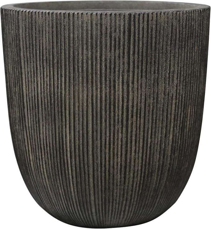 Vintage Black Faux Cement Ribbed Planter, 14.8"H Tall Tapered Egg-Shaped Plastic Plant Pot with Drainage Hole & Plug, Large Modern Indoor Outdoor Flower Pot for Home, Garden, Patio and Houseplants
