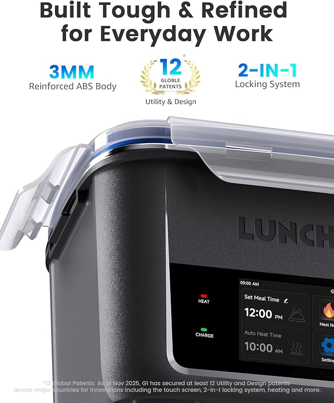 LUNCHGO® G1 – Standard(74 Wh), Smart Electric Heated Lunch Box Food Warmer – Cordless, 5 Cups, Battery Powered, 250°F Max, Scheduled Heating, Perfect for Outdoor Work, On-The-Go Meals (Neon Gray)