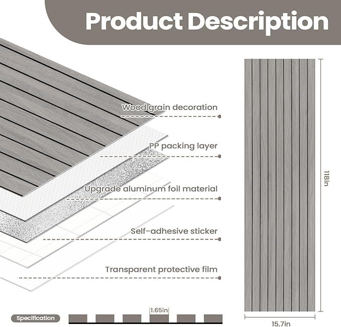 PVC 3D Wood Wall Panels Peel and Stick - 236" x 15.7" Light Grey Faux Wood Slat Wallpaper - Wooden Gray Grain Look Self-Adhesive Waterproof Paneling - Soundproof Walls Panel for Interior Wall Decor