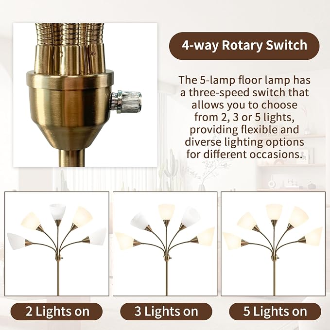 HonoDing Medusa Floor Lamps Standing Lamps 5 Heads Adjustable Reading Light Large Shade Use E26 A19 Bulb Floor Lamps for Living Room Bedroom (Gold Brass)