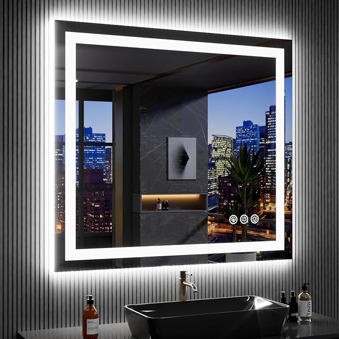 LOAAO 40"X36" RGB LED Bathroom Mirror with Lights, Anti-Fog, Dimmable, Lighted Bathroom Vanity Mirror, Multiple Light Modes, RGB Backlit + Front Light, Memory Function, Tempered Glass, ETL Listed