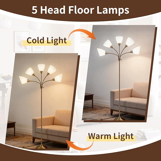 HonoDing Medusa Floor Lamps Standing Lamps 5 Heads Adjustable Reading Light Large Shade Use E26 A19 Bulb Floor Lamps for Living Room Bedroom (Gold Brass)