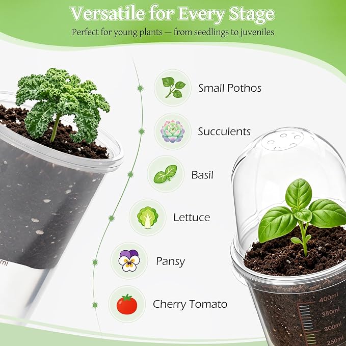 30 Pack 3.5" Self Watering Propagation Pots, Seed Starter Cups with Dome | Large Dual-Layer Clear Pots, Vent Dome, Self-Watering Reservoir, For Cuttings & Seedlings, 30 Plant Labels Included