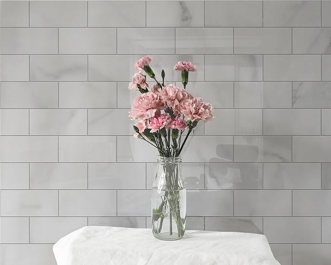 Colamo 6”×12” Swatch Peel and Stick Backsplash,Self Adhesive Faux Stone White Subway Tile for Kitchen, Glossy Carrara Brick Marble Tile Look,Stick on Accent Wall for Bathroom,Vanity,Laundry,Stove