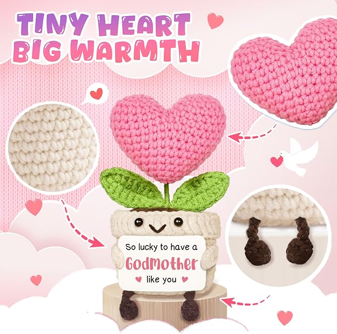 Godmother Gift, Godmother Proposal Gift, Thank You Message from Godchild, Cute Handmade Crochet Mini Pink Heart Flower Madrina Gifts