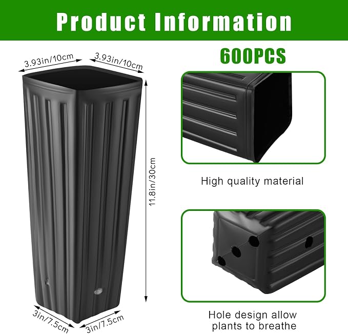 Nuenen 600 Pcs Tall Pot Plastic Deep Plant Nursery Pots Black Seedling Flower Plant Container with Drainage Holes for Indoor Outdoor Gardening (11.8" H X 3.9" W)