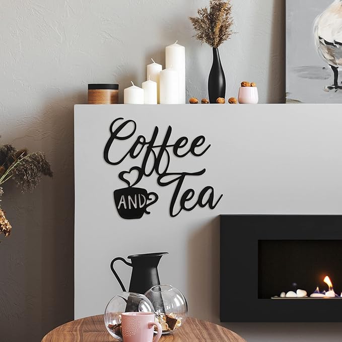 Ferraycle Coffee Bar Decor, 12 x 10.2 Inch Sign for Wall Metal Rustic Hanging Wall Art Vintage Black Cup Letter Sign for Cafe Home Office Kitchen(Coffee and Tea)