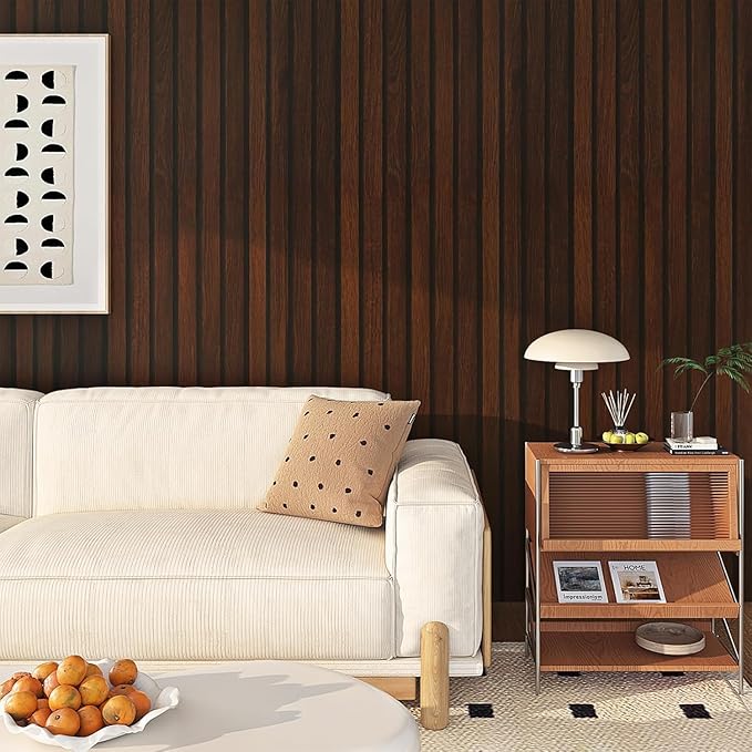 FunStick 36"x200" Dark Brown Slats Wood Peel and Stick Wallpaper Faux 3D Walnut Wood Slats Wall Paper Decor for Bedroom Bathroom Living Room Walls Shelves Removable Wood Grain Contact Paper Waterproof