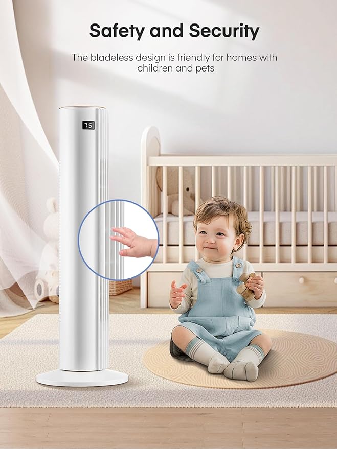 Tower Fan for Bedroom, Quiet Oscillating Floor Fans with 70°, Remote Control, 3 Modes, 3 Speeds, 12H Timer, 30" Bladeless Standing Fan for Home, Office, Living Room, White