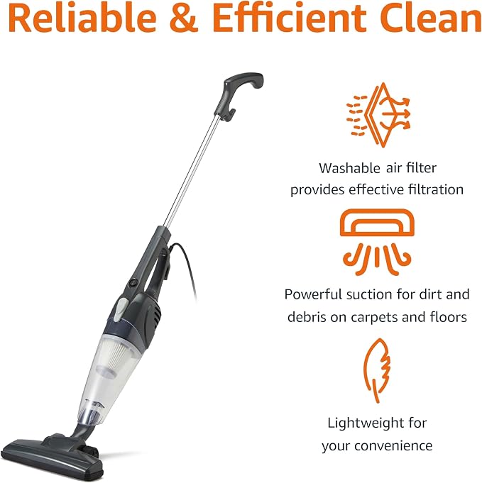Amazon Basics 2-in-1 Corded Stick Vacuum Cleaner, Converts to Handheld, Lightweight (3.9 LBS), with Washable Filter, Crevice Tools, 0.5L Dust Cup, Self-Standing, 19.7-Ft Cord, 300W, Black