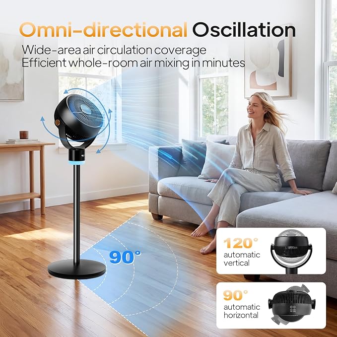 ROVSUN 3-in-1 Standing Fan for Bedroom, 40" Pedestal & Tabletop Fan, 120°+90°Omni-directional Oscillating Fan with Remote, Mood Lighting, 3 Speeds, 12H Timer and Adjustable Height, Black 2-Pack