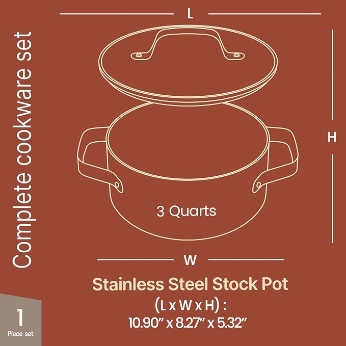 Bakken 3 Quart Ceramic Coated Stock Pot with Lid, Easy to Clean Nonstick Pot, Tempered Glass Lid, Riveted Stainless Steel Handles, Oven Safe Up To 500°F, PTFE & PFAS Free, All Stove Compatible, Black