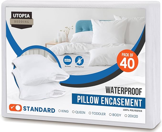 Utopia Bedding Premium 100% Waterproof Pillow Protectors with Zipper Standard Size (Set of 40), Bed Bug and Dust Mite Proof Zippered Pillow Covers, Pillow Encasement Cases, White