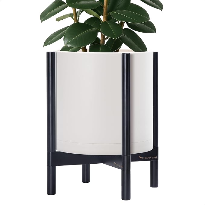 D'vine Dev Plastic Pot with Ebony Wood Stand, Oatmeal, 14 in, 55-C-T-4 | Mid-Century Inspired Design, Elevated Plant Display, Clean Lines, Sturdy Support, Modern Space-Saving Style