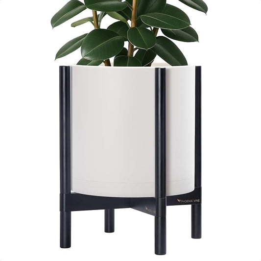 D'vine Dev Plastic Pot with Ebony Wood Stand, Oatmeal, 14 in, 55-C-T-4 | Mid-Century Inspired Design, Elevated Plant Display, Clean Lines, Sturdy Support, Modern Space-Saving Style