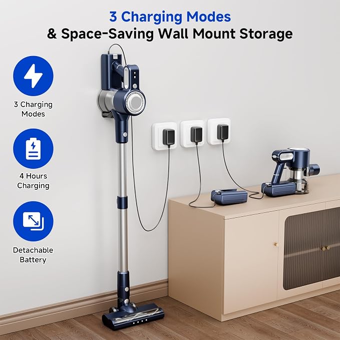 Cordless Vacuum Cleaner: Powerful Suction Stick Vacuum, Anti-Tangle Brush | Portable 6-in-1 Rechargeable Vacuum, Green LED Light, Ideal for Pet Hair, Low-Pile Carpets & Hard Floors-Dark Blue