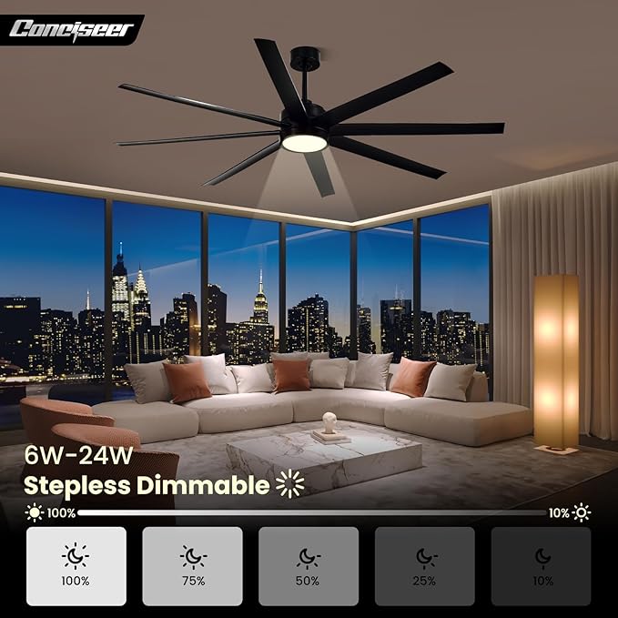 Modern Ceiling Fans with Lights, 72 Inch Ceiling Fan with Light and Remote, Bedroom Living Room Library Cafe Outdoor/Industrial,24W 3CCT Dimmable, 8 Blades 6 Speed Reversible Quiet DC Motor, Black