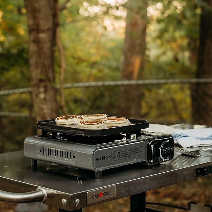 GasOne GS-1000G-KIT Butane Gas Stove with Flat Top Griddle Included – Butane Grill Tent Stove Burners for Cooking for Camping, Kitchen – Diecast Aluminum with Non Stick Coating