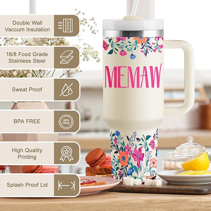 ROSTANTEN Memaw Gifts Memaw Mothers Day Gifts for Memaw from Grandkids for Birthday Christmas 40oz Travel Cup Insulated Tumbler with Lid & Straw