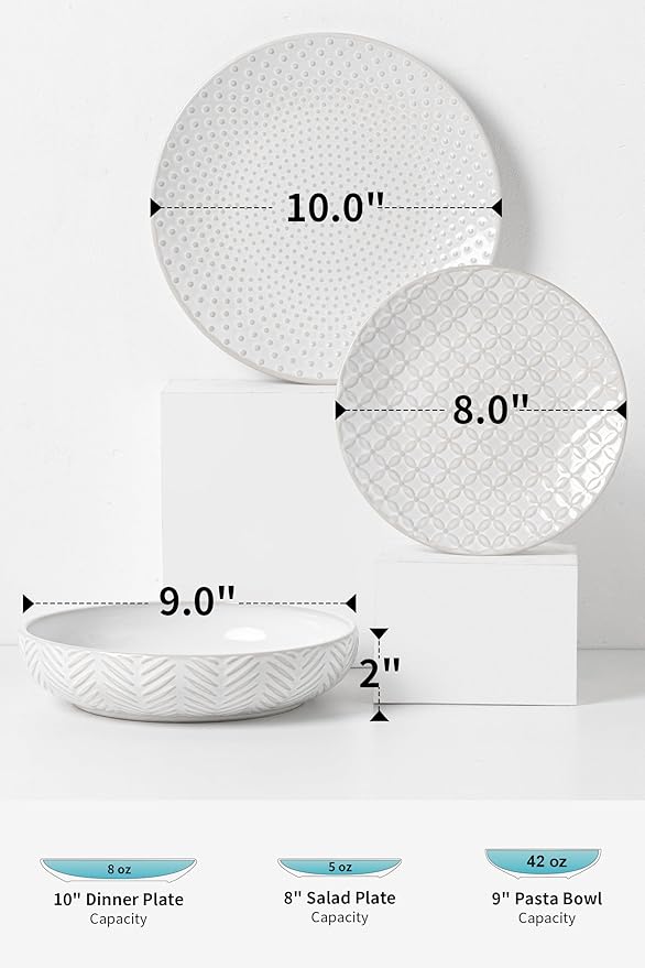 FOBENTA 24-Piece Embossed Ceramic Dinnerware Set–8 Dinner Plates, 8 Salad Plates, 8 Pasta Bowls,Elegant & Durable Tableware for Large Families, Dishwasher & Microwave Safe